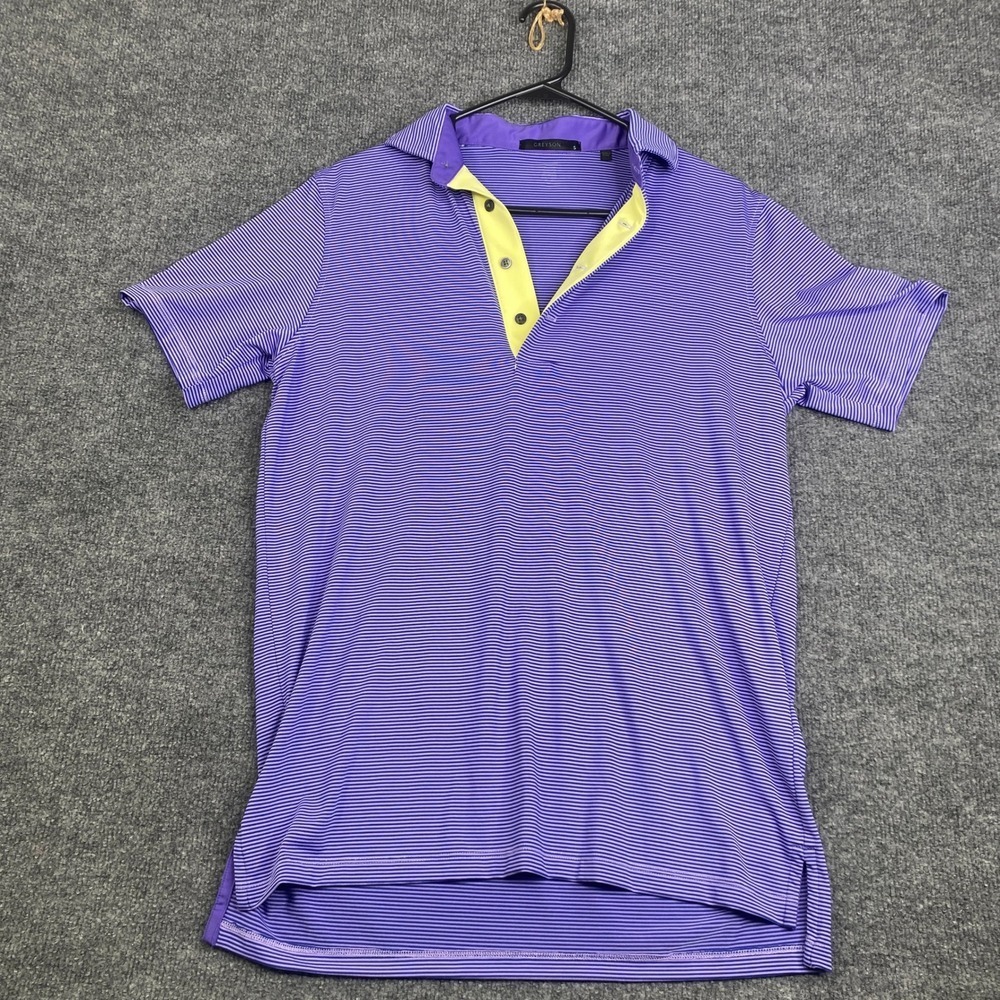 Greyson Mens Small Purple Striped Short Sleeve Golf Polo Shirt Lime Accent Peru